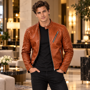 Veste rétro en cuir véritable marron foncé pour homme, couleur café, forme classique de motard, pour un style décontracté d'inspiration vintage. - Product Image 2