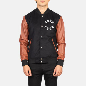 Veste varsity noire pour homme avec manches en cuir PU marron, col rabattu, style décontracté pour l'automne, impression de logo sur le devant - Product Image 1