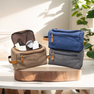 Leather Canvas Toiletry Bag Travel Organizer Waterproof Cosmetic Storage Kit Large Travel <b>Case</b> LCTB-0036 - Product Image 6