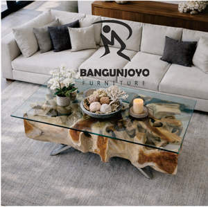 Mesa de Centro Moderna Minimalista con Combinación de Madera de Suar, con Tapa de Vidrio y Marco de Madera, Mueble Duradero y Ecológico para Sala de Estar - Product Image 4