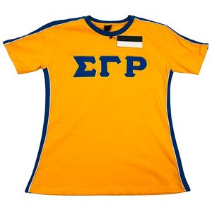 T-shirt Sigma Gamma Rho Gold Premium avec lettres grecques, détail latéral bleu, en coton doux, élégant et décontracté pour tous les jours - Product Image 1