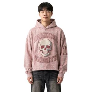 Sweat à capuche personnalisé avec motif crâne, rose poudré, effet délavé, en molleton de coton, style vintage, streetwear graphique alternatif, grandes impressions - Product Image 1