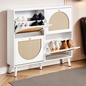 Scarpiera in Rattan a 2 File e 4 Contenitori, con Piedini Alti, 105x24x98cm, Struttura Bianca + Pannello Truciolare Originale + Scaffali in Plastica per Scarpe - Product Image 2