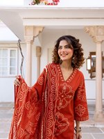 Ensemble Kurti et pantalon en coton marron olive pour femme, avec dupatta imprimée à la main, élégant, traditionnel, extensible, pour fêtes et usage quotidien