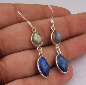 Natural Lapis Lazuli and Labradorite <b>Earrings</b> 925 <b>Sterling</b> <b>Silver</b> Jewelry Mixed Gemstone <b>Dangle</b> <b>Earrings</b> Royal Blue & Blue Flash - Product Image 1
