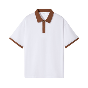Polo Blanco para Hombre con Cuello y Puños en Contraste Marrón, Manga Corta, Corte Regular, Informal, Tela Oxford de Algodón, 300 GSM - Product Image 1