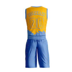 Conjunto de Uniforme de Baloncesto Personalizado Amarillo y Azul Sublimado con Nombre del Equipo 00 Sin Mangas Malla Transpirable Unisex Uniforme de Baloncesto Sublimado - Product Image 3