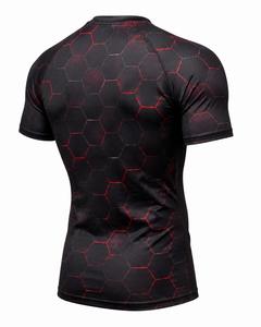 T-shirt de sport respirant à manches courtes pour homme, imprimé hexagone noir et rouge, séchage rapide, en polyester, pour fitness adulte - Product Image 6