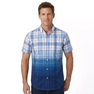 <b>Men's</b> Short Sleeve Plaid Gradient Color Formal Shirt Regular Fit Turn-down Collar Winter Woven Poplin 100% Cotton Eco-Friendly - Product Image 4