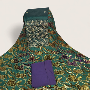 Tissu brodé floral de luxe vert sarcelle Maqbal Dirac avec travail de sequins dorés pour tenue de fête de mariage somalienne - Product Image 1