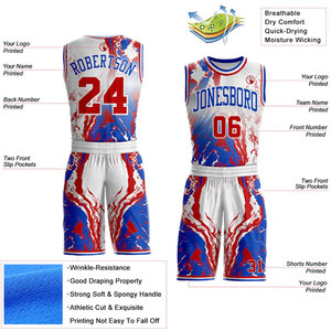 Ensemble de maillots de basket-ball sublimés personnalisés, rouge, bleu, blanc, design marbré, nom de l'équipe, numéro 00, uniforme sans manches en maille respirante - Product Image 2