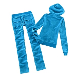 Embroidered Women's Velvet Fabric Body Fit Blank Track Suit Long <b>Pants</b> & Zipper Top Survetement Velour Ribbed Cuff Sweat Suit - Product Image 1