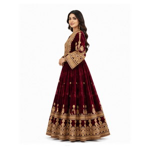 Robe de mariée pakistanaise pour femmes, Salwar Kameez en soie longue, couleur marron, broderie dorée, coupe ample, style hiver, robe afghane Kuchi - Product Image 3