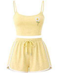 Conjunto de Camisola y Pantalones Cortos para Mujer en Amarillo Pastel, Traje de Dos Piezas para Verano, Top Corto de Mezcla de Algodón, Pantalones Cortos con Cordón y Bordado de Margaritas - Product Image 1