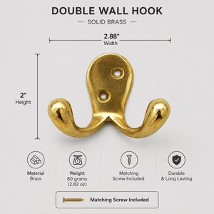 SHUBHAM Solid Brass Double Wall <b>Hook</b> <b>Decorative</b> <b>Coat</b> Rail <b>Hook</b> Gold Finish for Home Entryway Bathroom - Product Image 5