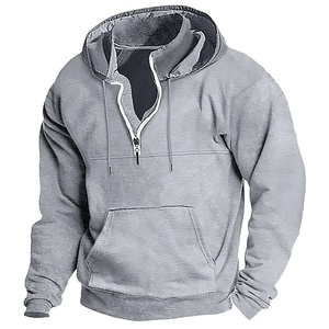 Men's Hooded Quarter Zip Sweatshirt Solid Green Fleece Casual Boxy Fit Autumn Polyester/Cotton Waterproof Pocket - Product Image 4