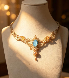 Handmade Blue Kyanite Pearl Macrame Choker <b>Necklace</b> Gold Cord Natural Gemstone Boho <b>Statement</b> Healing Jewelry - Product Image 1