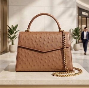 Sac à main portable en cuir d'autruche véritable pour femme, style vintage classique, avec poignée détachable et poche pour téléphone portable, taille personnalisable - Product Image 1