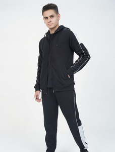 Chándal negro con capucha para hombre, manga larga, cremallera frontal, color sólido, ropa informal con bolsillos laterales, estilo otoñal, corte regular - Product Image 1
