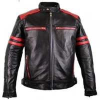 Jaket Balap Kulit Hitam Merah Desain Garis Ganda di Lengan Resleting Penuh Jaket Motor Cafe Racer untuk Berkendara di Jalan Raya Grosir Kustom