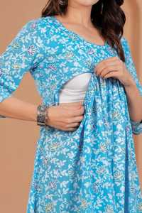 Robe midi évasée décontractée à manches trois quarts en coton à imprimé floral bleu avec robe de maternité et d'allaitement pour un usage quotidien - Product Image 5