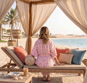 Caftán de algodón rosa con estampado de peces hecho a mano para mujer, ideal como salida de playa, kimono de verano de ajuste holgado, ropa de resort o vestido bohemio para estar en casa. - Product Image 4