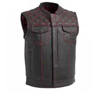 Gilet moto en cuir véritable pour homme, col montant, fermeture éclair, couleur unie, design matelassé, style automne - Product Image 2