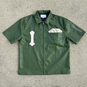 เสื้อเชิ้ตหนัง PU ปักลายแบบดิสเทรสสำหรับผู้ชาย แขนสั้น สไตล์ฮิปฮอป - Product Image 4