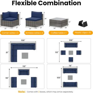 Juego de Muebles de Jardín de 7 Piezas para Todo Clima, en Mimbre Sintético Gris, con Cojines y Almohadas Azul Marino - Product Image 6