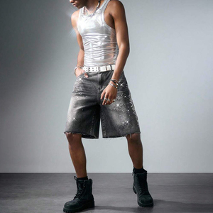 Men Stonewashed Denim Bermuda <b>Shorts</b> Mid Waist <b>Sequined</b> Street Style Woven Cotton Button Fly - Product Image 5