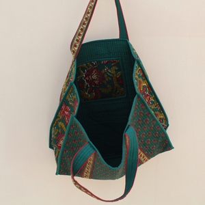 Elegant Quilted Cotton Dark Green Tote <b>Bag</b> Dual Sided Floral Print Long Handle Large Reusable Shopping Travel Shoulder <b>Bag</b> - Product Image 5