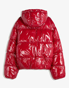 <b>Red</b> <b>Hooded</b> Puffer <b>Jacket</b> Solid Color Waterproof Zipper Closure Casual Winter Thick Polyester Regular Fit Short Length - Product Image 2