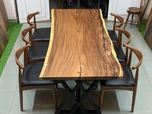 Tablas de Madera de Nogal y Roble con Borde Natural para Mesa de Comedor, Plegables, Modernas, con Patas de Hierro, Forma Rectangular - Product Image 3