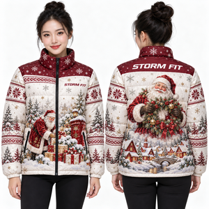 Chaqueta acolchada navideña negra de Papá Noel para mujer, con tela satinada, estampado por sublimación, cremallera frontal. - Product Image 6