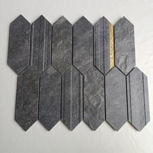 Azulejos de Pared Hexagonales Premium de 3 Pulgadas (73 mm) con Diseño de Mosaico de Champiñones, con Virutas Metálicas Doradas y Revestimiento de Porcelana Esmaltada sobre Malla, para Uso Interior en Baños - Product Image 1