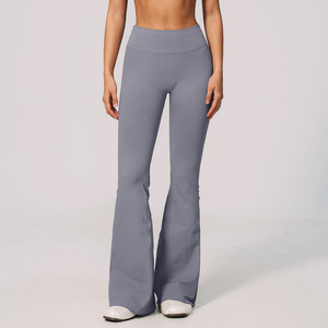 <b>High</b> <b>Waist</b> Full Length <b>Flared</b> Leg Yoga <b>Leggings</b> Solid Blue Seamless Stretch With Logo On <b>Waist</b> For Women - Product Image 4