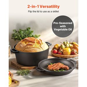 5QT Cast Iron <b>Dutch</b> <b>Oven</b> 2-in-1 Pre-Seasoned <b>Pot</b> Skillet Lid Cookware Pan Proofing Basket Bread Baking Accessories <b>Oven</b> - Product Image 4