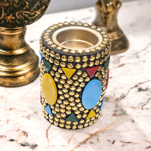 FAIZA CRAFT Brûleur de Bakhoor décoratif en bois d'acacia et bois de santal aromatique, incrustation de pierres mosaïques, fait main, porte-encens Oud, coupelle en métal - Product Image 6