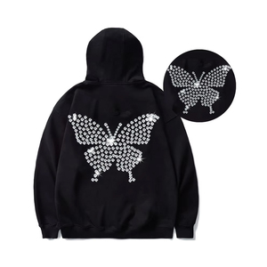 Sudadera con Capucha Negra Unisex, Diseño de Mariposa con Pedrería, Corte Holgado, Informal, Tejido de Punto para Otoño - Product Image 1
