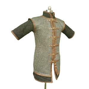 Haut de gilet médiéval fait main en acier doux avec garniture en cuir, armure de chevalier à anneaux rivetés plats, costume historique - Product Image 2