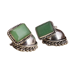 Antique Silver Plated Brass Stud Earrings with Artificial Stone Fancy Design Traditional Indian Women's Party Jewelry - Product Image 1