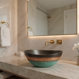 Évier de cuisine élégant en cuivre color block, à tablier simple, patiné artisanal, de luxe, moderne, pour comptoir de salle de bain - Product Image 5