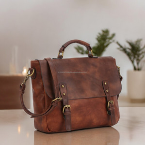Leather Laptop <b>Briefcase</b> Classic Shoulder Bag for Office Men Durable Handle Closure - Product Image 1