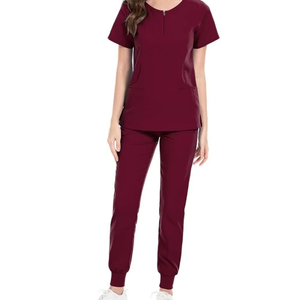 Women Maroon <b>Scrub</b> Set Short Sleeve Top And Jogger Pants Hospital Uniforms Cotton Polyester Woven Fabric - Product Image 4