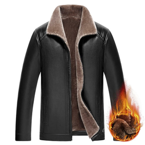 <b>Men's</b> Black Genuine <b>Leather</b> Biker <b>Jacket</b> Polyester Lining Eco-Friendly Breathable Windproof Zipper Closure Stand Collar Winter - Product Image 1