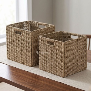 Set of 2 Modern Hand-Woven Seagrass <b>Wicker</b> Square <b>Storage</b> Baskets Foldable <b>Cube</b> Organizer for Shelves Toilet Paper & Home Decor - Product Image 3