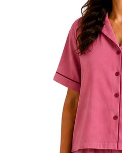 Customized Rose Pink Women Pajama Set Short Sleeve Button Down Nightwear Soft Breathable Summer Sleepwear Casual Lounge Set - Product Image 3