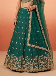 Green Embroidered Lehenga Set <b>Indian</b> Pakistani Wedding Outfit Crop <b>Top</b> Skirt With Dupatta for Women - Product Image 3