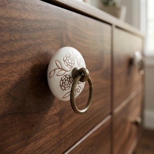 Farmhouse <b>Ceramic</b> Cabinet <b>Knob</b> With Floral Design Round Porcelain Drawer Pull For Kitchen Furniture Handle - Product Image 2