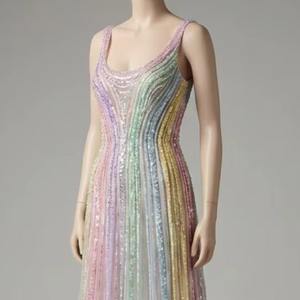 Robe de soirée de luxe arc-en-ciel pastel, brodée à la main, sans manches, coupe trapèze, pour bal de promo, vente en gros, fournisseur en vrac, fabricant - Product Image 1